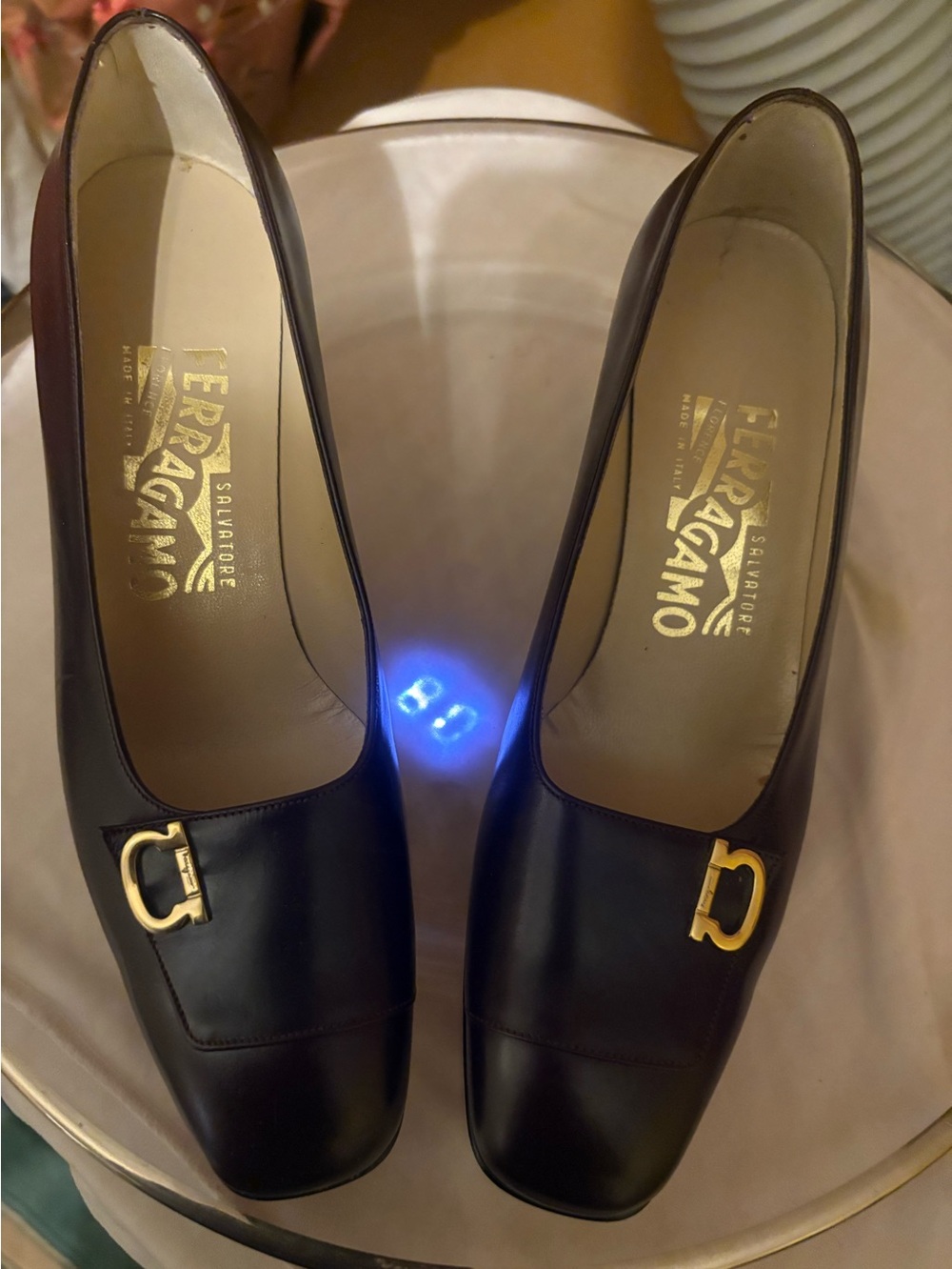 Salvatore Ferragamo Black Leather Pumps with Gold Buckle
